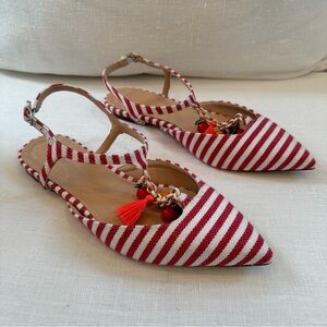 J. Crew Red and White Striped Pointed Slingback Flats with Tassel Charm